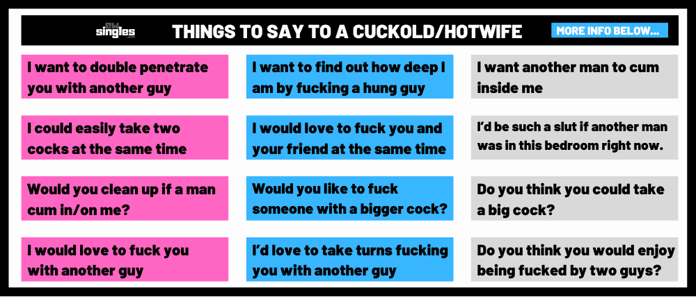 Big list of 12 things to say to a cuckold or hotwife. Four of the ideas are on a pink background, another four have a blue background and the last four are on a grey background.  