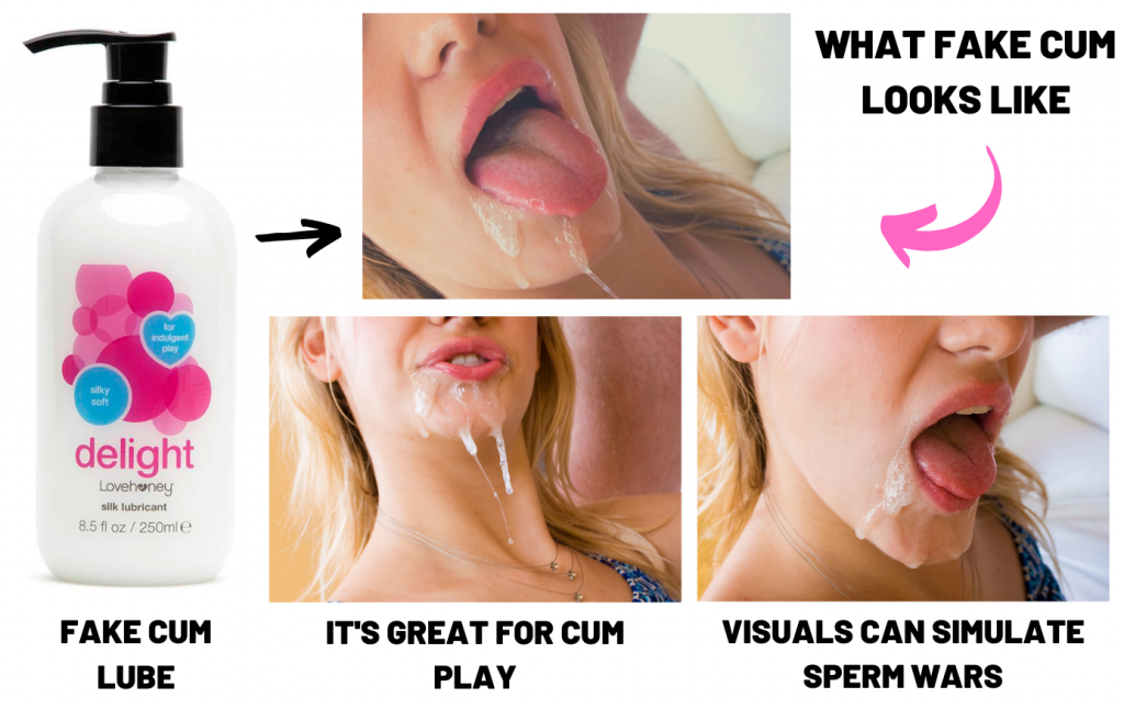 Bottle of fake cum from lovehoney with three example images of the fake cum being used on the right side of the bottle. The images are of the fake cum being used on the mouth of a woman and are their to show the visual effects of using fake cum lube. 