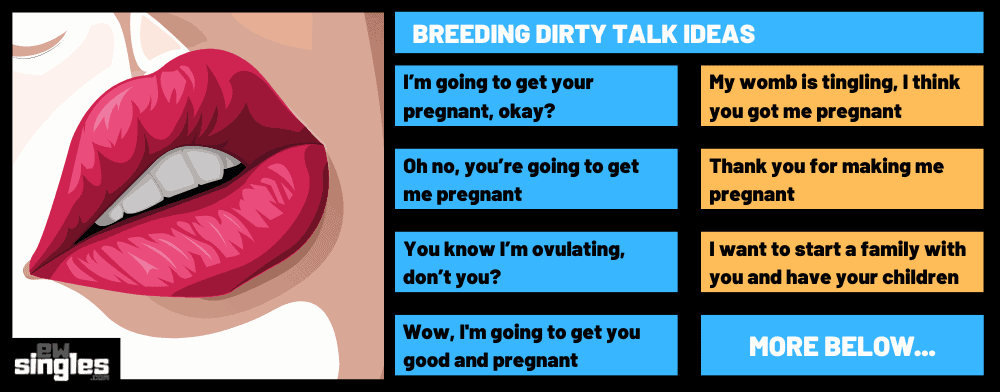 Illustration of a close of of a womans red lips and mouth next to a list of breeding dirty talk ideas. 