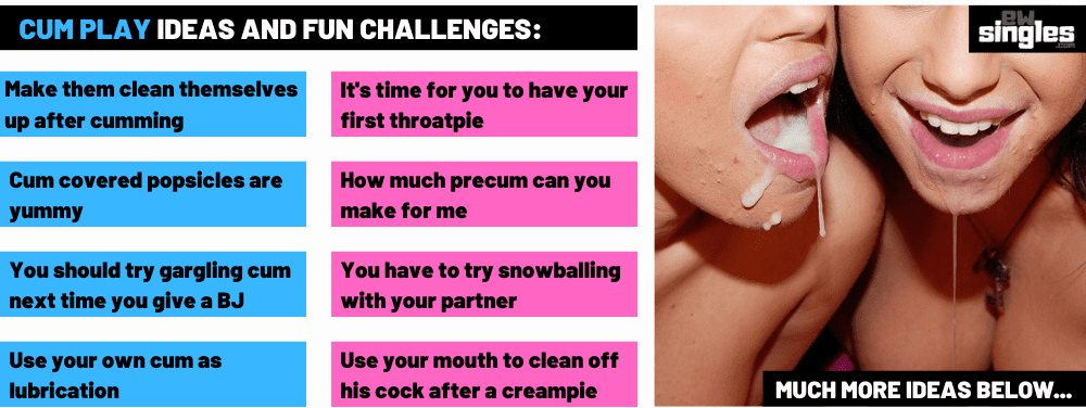 list of cum play ideas and challenges. The challenges are in blue and pink background boxes and are next to an image of two women with fake cum dripping out of their mouths.