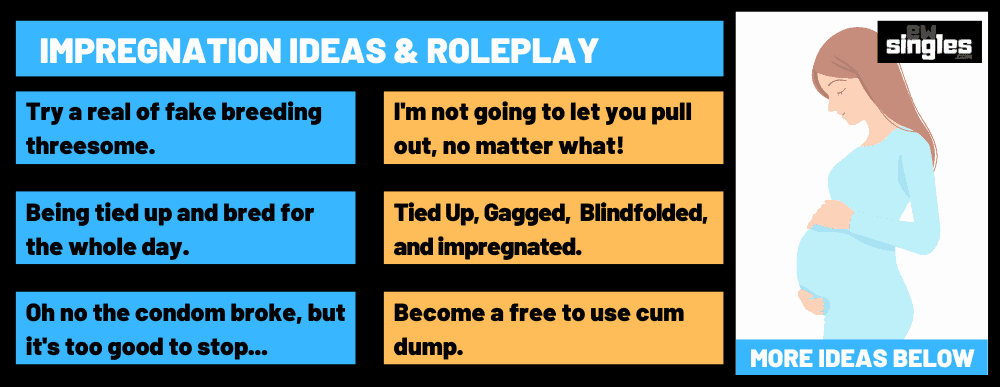 list of impregnation ideas and roleplay on a black background with text inside blue or yellow boxes, next to the list is an illustration of a pregnant woman holding her belly.