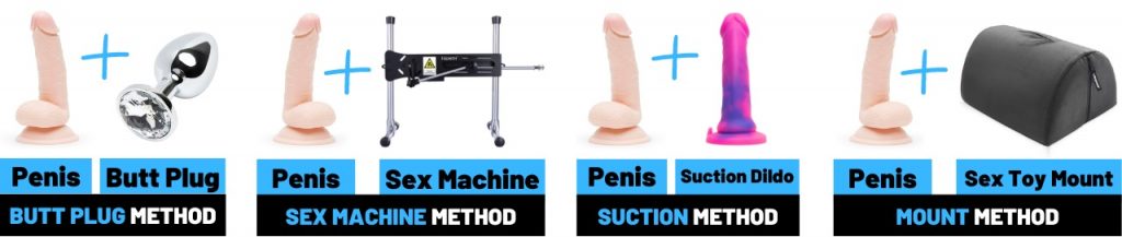 An illustration of the different sex toys you can use to simulate double penetration. The illustration shows the sex toy and then the name of the sex toy under it. The sex toys shown are a sex toy mount, dildo, sex machine and butt plug. 