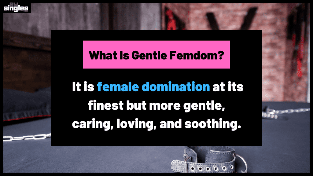 image of a bed with bdsm restraints with a black box with white text explain the meaning of gentle femdom.